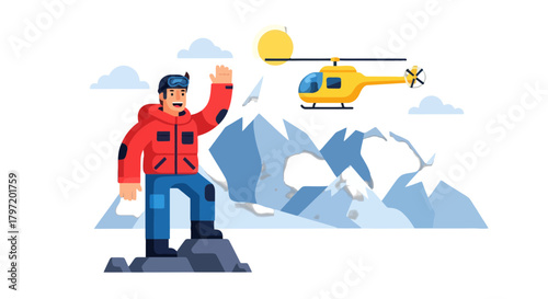 Mountain Climber Celebrates Adventure: Helicopter Relief in the Snowy Peaks, Vector Illustration
