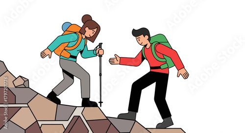 People Helping Each Other Hiking Up A Mountain With Backpacks And Walking Sticks
