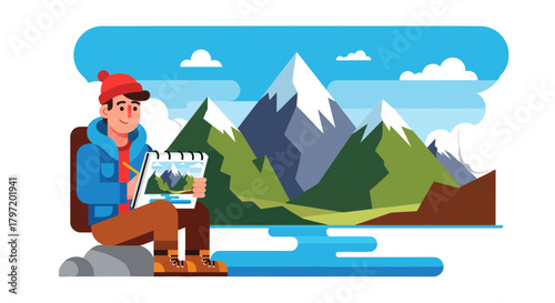 Mountainous Artist Capturing Nature's Grandeur with Pencil and Paper Illustration