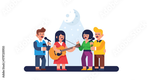 Musical Ensemble Performing Together On Stage Under A Symbolic Lunar Light