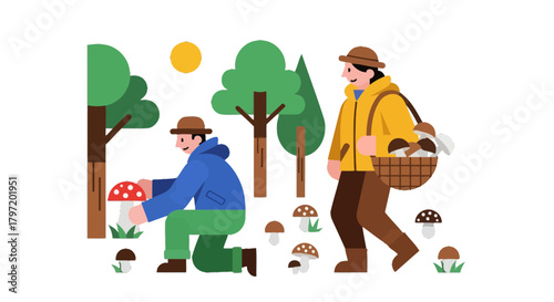Mushroom Harvesters: An Illustrated Depiction Of Forest Foraging And Collecting Edible Fungi