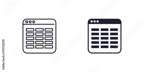 online spreadsheet icons on white, line and solid design