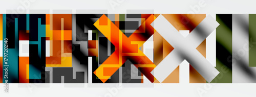 Abstract geometric composition. Rectangles intersect, creating complex patterns. Warm, cool colors dominate design. Minimalist aesthetic.