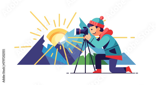 Photographer Capturing Majestic Mountain Sunrise in Vibrant Flat Vector Illustration