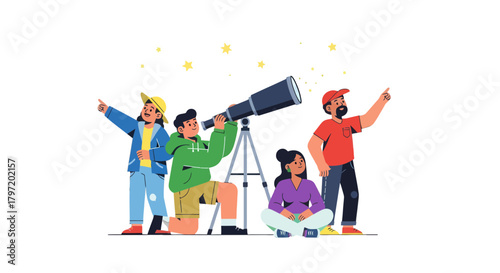 Observing The Cosmos A Group Admiring The Night Sky Through A Telescope