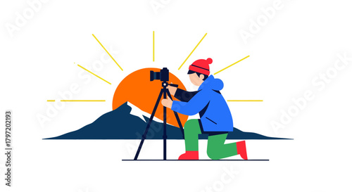 Photographer Capturing Sunrise Over Mountain Range With Minimalist Artistic Style