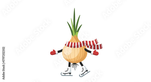 Onion Character Ice Skating in Wintertime with Matching Accessories on Black Background