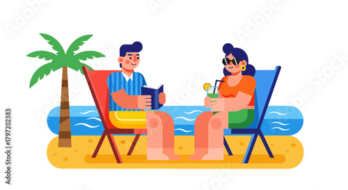 Relaxation and Joy: Couple Enjoying Beach Vacation, Reading and Drinking Cocktails