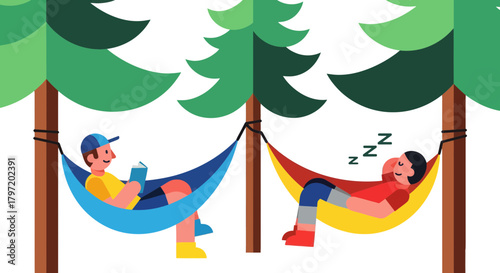 Relaxation And Friendship: Illustrative Depiction of Hammock Leisure Under Green Forest Canopies