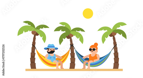 Relaxed Couple Enjoying Their Tropical Vacation in Hammocks Under Palm Trees