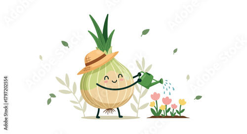 Onion Gardener Delightfully Watering Flowers with Cheerful Expression and Smiling Design