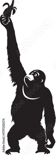 Silhouette of an orangutan reaching up for a banana in a stylized pose