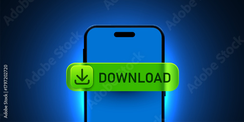 Download glass button on a modern smartphone screen. Digital concept for mobile applications.