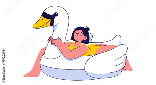 Relaxed Woman Floats On An Inflatable Swan During A Sunny Summer Day