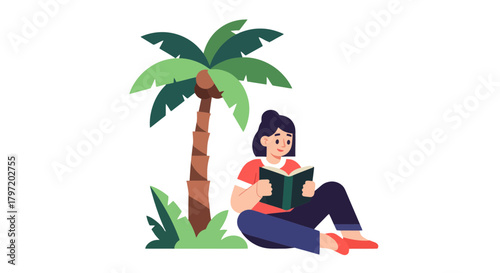 Relaxed Woman Reads a Book Under Palm Tree on Holiday with Black Background