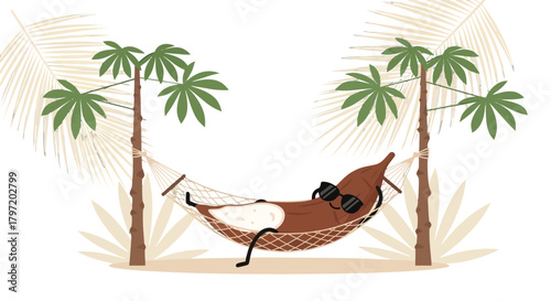 Relaxing Banana Character Enjoying The Tropical Vacation On Hammock With Sunglasses