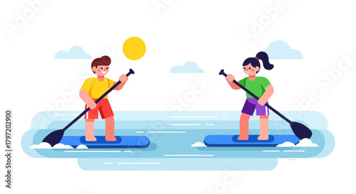 Paddleboarding Duo Enjoying Peaceful Waters Under A Sunny Sky During The Day