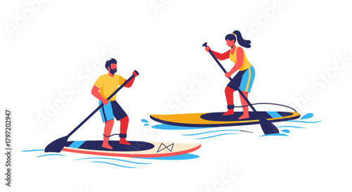 Paddleboarding Duo Enjoying Water Sports On A Black Backdrop Of The Deep Blue Sea