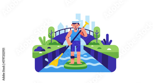 Paddleboarding In City River: A Modern Vector Illustration Of Outdoor Activity