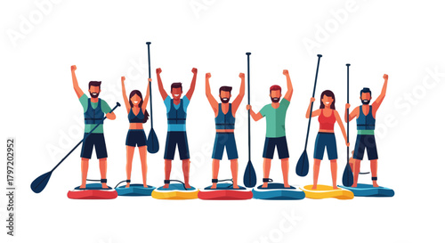 Paddleboarding Enthusiasts Celebrate Their Triumph with Paddles Raised Against Black Background