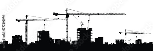 Construction site silhouette with large tower crane, building framework, scaffolding, industrial machinery, urban development skyline, civil engineering structure illustration vector design