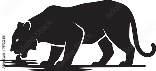 Silhouette of a powerful black panther drinking water with its head low in a stylized natural setting