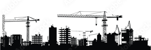 Construction site silhouette with large tower crane, building framework, scaffolding, industrial machinery, urban development skyline, civil engineering structure illustration vector design