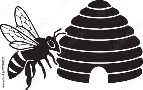 Black and white line art bee flying next to a striped beehive with a round entrance