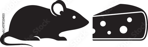 Adorable silhouette of a mouse approaching a slice of swiss cheese