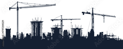 Construction site silhouette with large tower crane, building framework, scaffolding, industrial machinery, urban development skyline, civil engineering structure illustration vector design