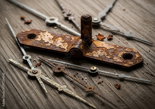Worn clock components arranged on a textured wooden surface showcasing metallic decay and aged patina