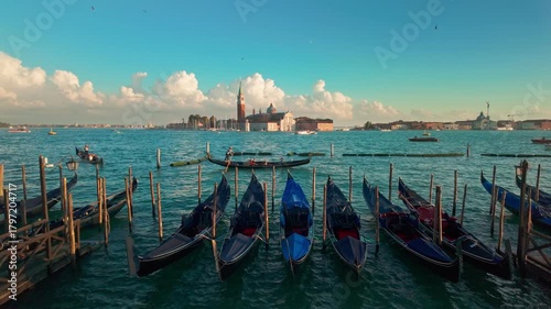 San Giorgio Maggiore church and traditional Venetian gondolas in Venice, Italy