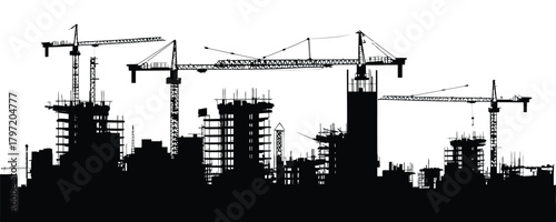 Construction site silhouette with large tower crane, building framework, scaffolding, industrial machinery, urban development skyline, civil engineering structure illustration vector design