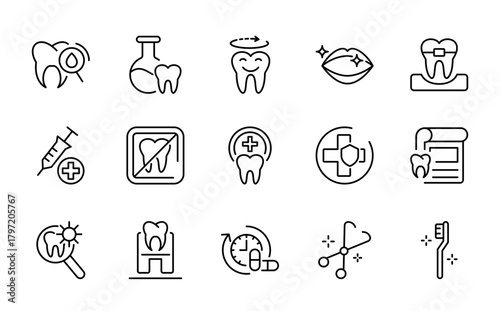 Dental and Oral care line icon set. Containing tooth, dentist, teeth, care, health, oral line icons
