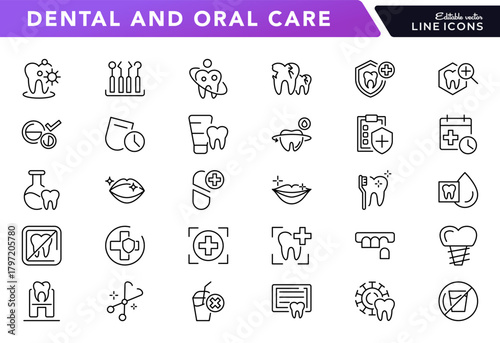 Dental and Oral care line icon pack. Tooth, dentist, toothpaste, timplant, care, health, mouth, oral line icons collection. Editable stroke