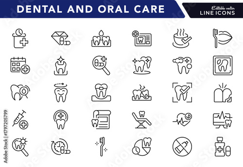 Dental and Oral care line icon set. Containing tooth, dentist, teeth, care, health, vector outline icons collection