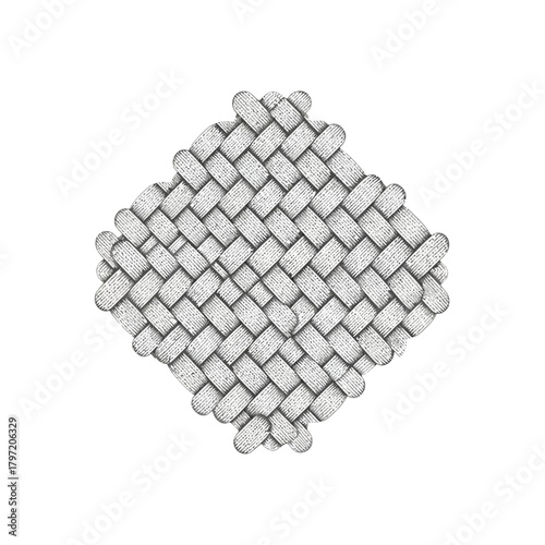 A detailed, close-up view of a tightly woven, light grey basket weave or textile pattern, forming a square shape.