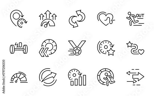 Running and Speed line icon set. Running sport, marathon, runner, race, speedometer, stopwatch, line icons. Editable stroke