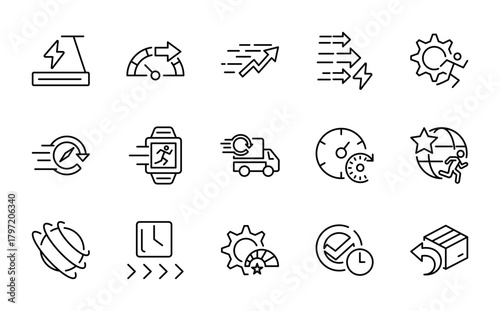 Running and Speed line icon set. Running sport, marathon, runner, race, treadmill, speedometer, stopwatch, Ui thin line icons