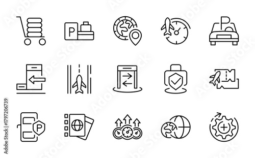 Airport line icon set. Suitcase, briefcase, travel sign, traveling, tourism, booking, insurance outline icon collection