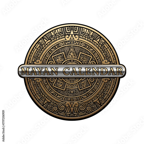 A detailed, ornate circular Mayan calendar design with metallic bronze and silver elements, featuring ancient glyphs and the text "MAYAN CALENDAR" across the center.