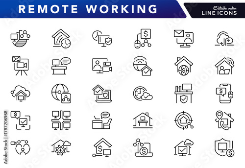 Remote Working line icon set. Freelance, hybrid work, digital nomad, office, home office, telecommuting, video conferencing icon collection