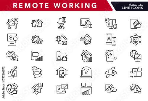Remote Working line icon set. Home office, freelance, hybrid work, digital nomad, office, telecommuting, video conferencing line icons collection. UI thin line icon pack