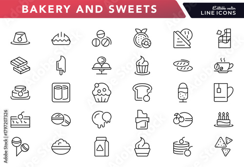 Bakery and Sweets line icon set. Dessert, cafe, cake, bread, cookies, sweets, drinks, food items, pie, slice, donut, cupcake, thin line icon pack.