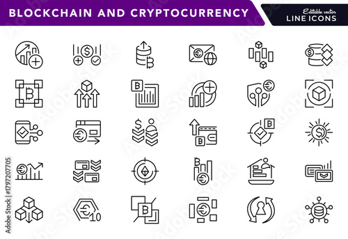 Blockchain and Cryptocurrency line icon set. Transaction, tech symbols, bitcoin, economy. blockchain package, NFT, cloud security, and data protection vector outline icons