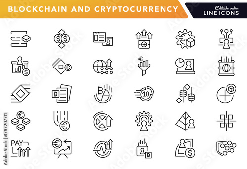 Blockchain and Cryptocurrency line icon set. Transaction, tech symbols, bitcoin, economy. blockchain package, NFT, cloud security, and data protection vector outline icons. Editable stroke