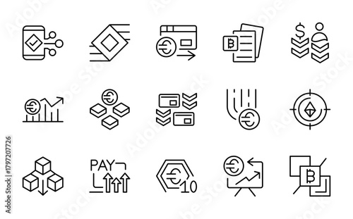 Blockchain and Cryptocurrency line icon set. Transaction, tech symbols, bitcoin, economy. blockchain package. NFT, cloud security, and data protection line icon set. UI thin line icon pack.