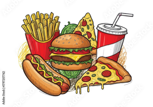 Delicious cartoon fast food feast featuring burger pizza fries and hot dog treat meal
