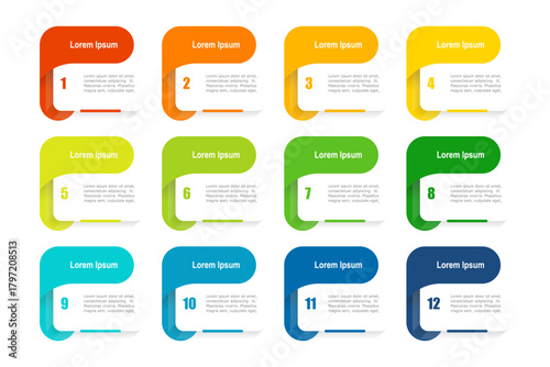 For business concept with 12 steps infographics, rectangle shape with multicolor label, design for workflow layout, diagram, annual report, web design. vector illustration