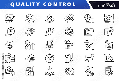 Quality Control line icon set. Evaluation, inspection, product, certificate, quality check, defect, assurance, process, testing line icon set. Ui thin line icon pack.